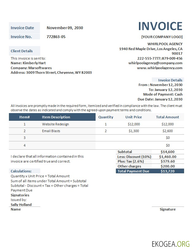 Modèle de format de facture d'agence de publicité